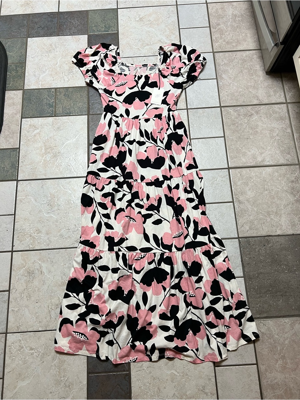 DownEast Pink, Black & White Floral Tiered Maxi Dress